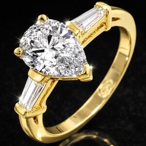 1.4ct Diamonique Pear Cut Baguette Cz Diamond Wedding Engagement Ring Gold QVC
